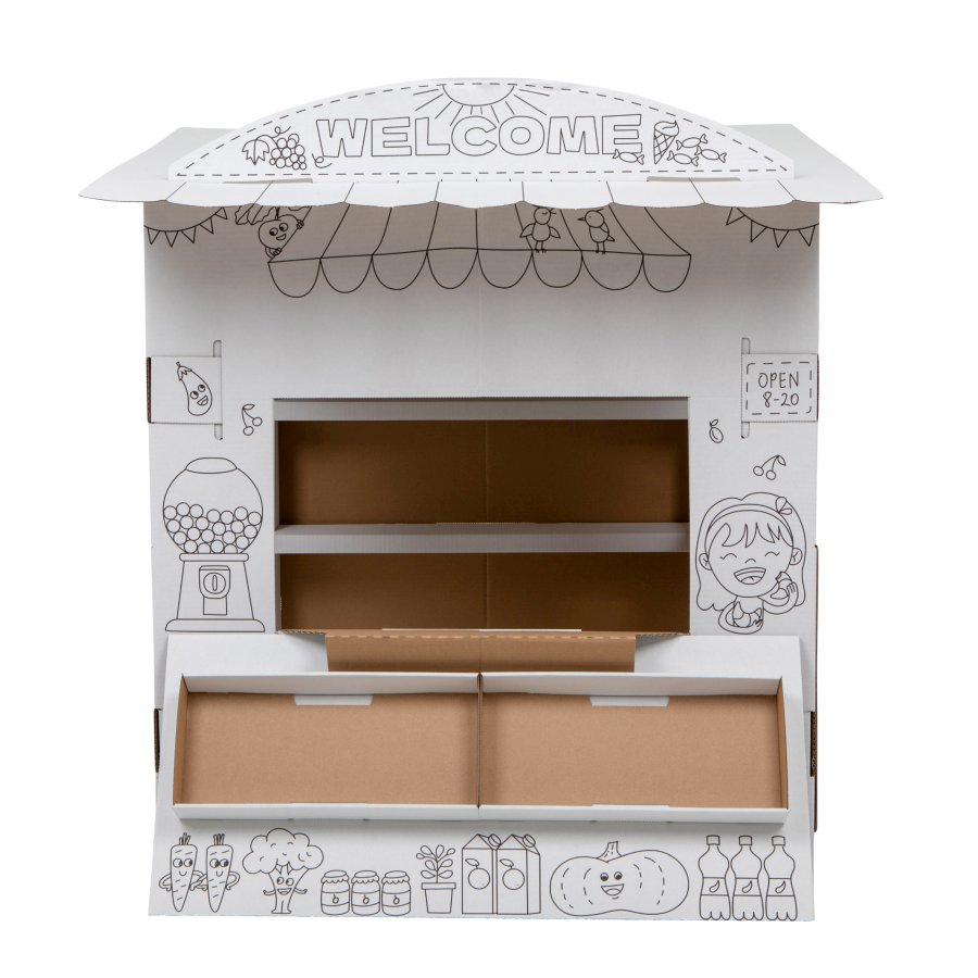 Minimercado para Colorir expositor de papelão branco com desenhos a preto e palavras WELCOME e OPEN 8-20