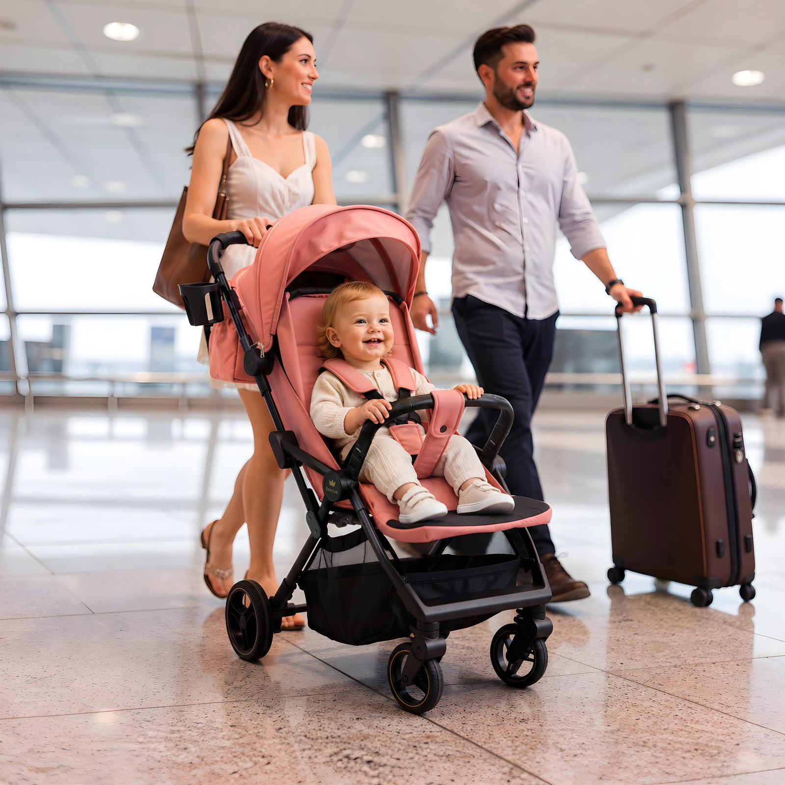 Carrinho de Bebé GIAU Rosa Salmão Carrinho de bebé cor-de-rosa com bebé sorridente num aeroporto com casal