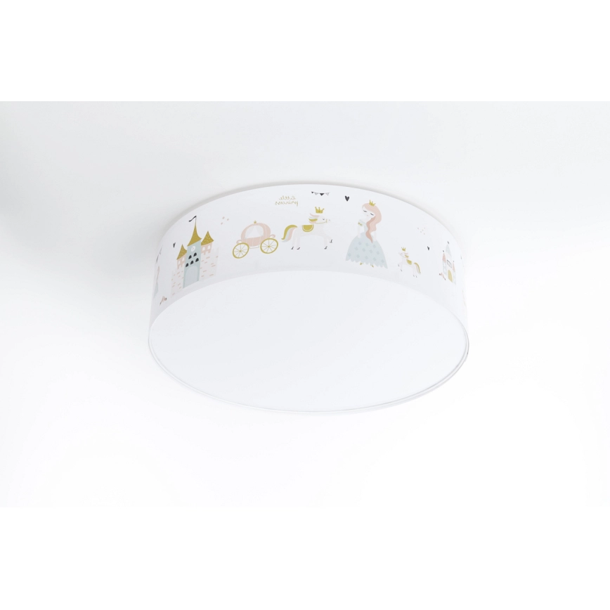 Candeeiro Plafon PRINCESA - Sweet Dreams Luminária de tecto infantil redonda branca com desenhos coloridos de castelo, carruagem e princesa