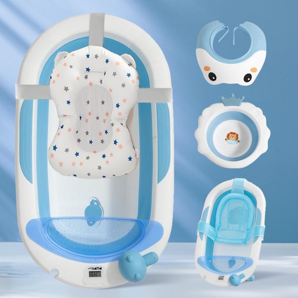 Banheira Dobrável de Silicone para Bebé - Kit 7 Peças Conjunto de banho para bebé azul e branco com almofada de estrelas, babete e tigela decorada.