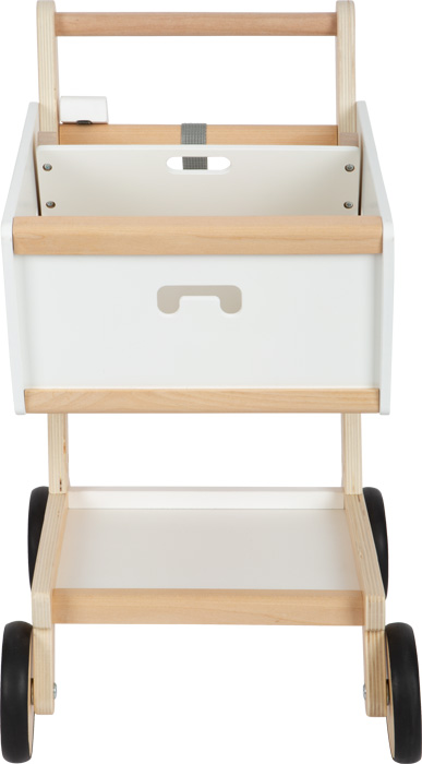 Carrinho de Compras de Madeira Carrinho de brinquedo de madeira com rodas pretas e caixa branca