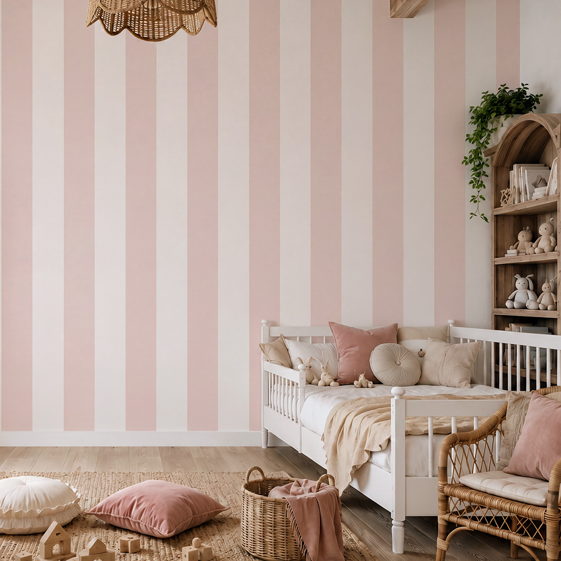 Papel de Parede Infantil às Listas Largas Quarto infantil com cama branca, almofadas rosa e bege, cadeira e cesto de vime, estante de madeira e papel de parede às riscas cor de rosa e bege