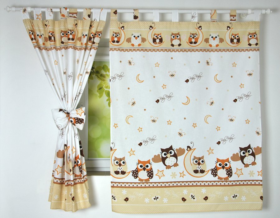 Cortinados Infantis Corujas Cortinas infantis brancas com padrão de corujas, estrelas, luas e texto Baby Bedroom
