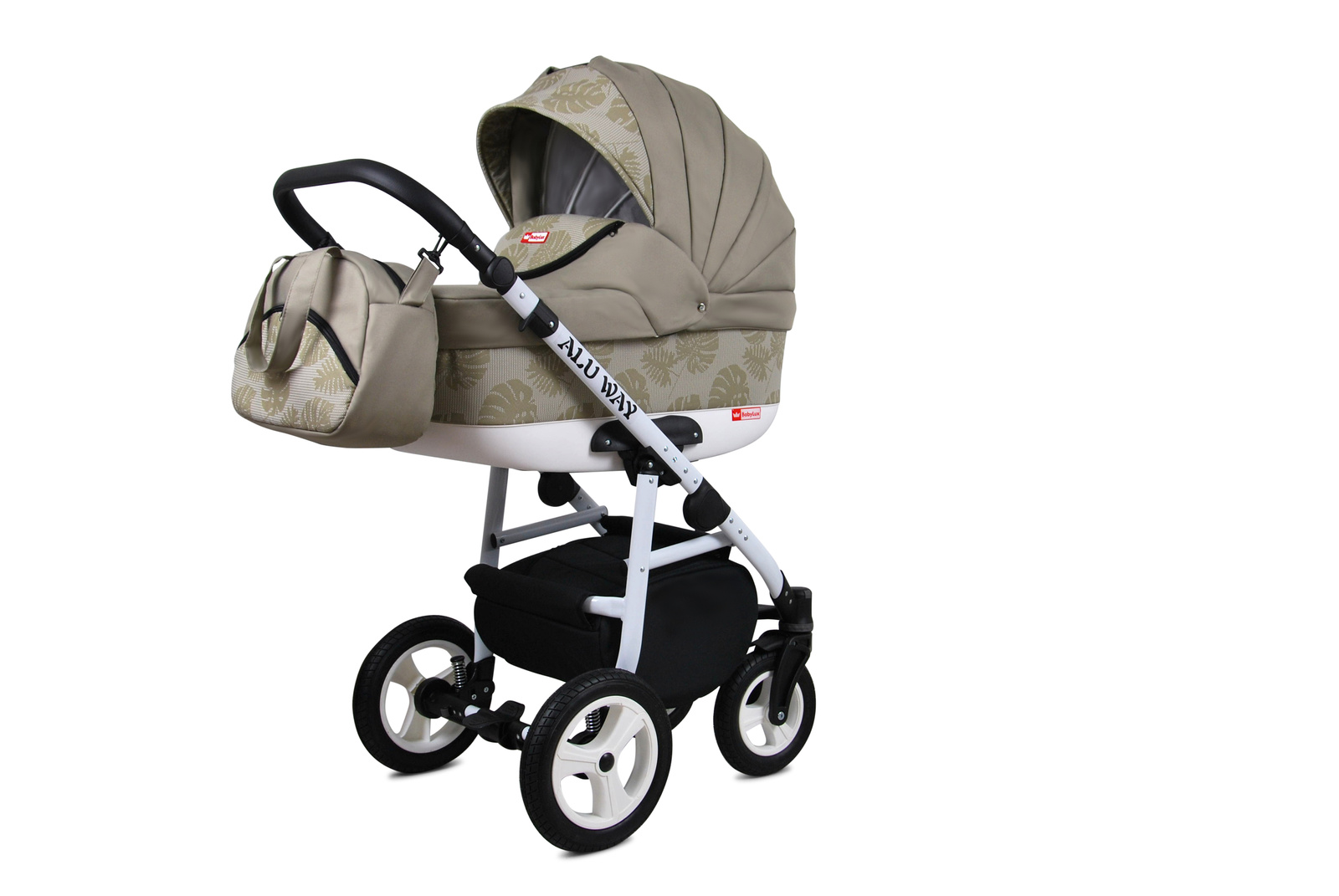Carrinho de Bebé 2 em 1 com Alcofa Alu Way – Caqui Carrinho de bebé bege com padrão de folhas e detalhes pretos sobre fundo branco
