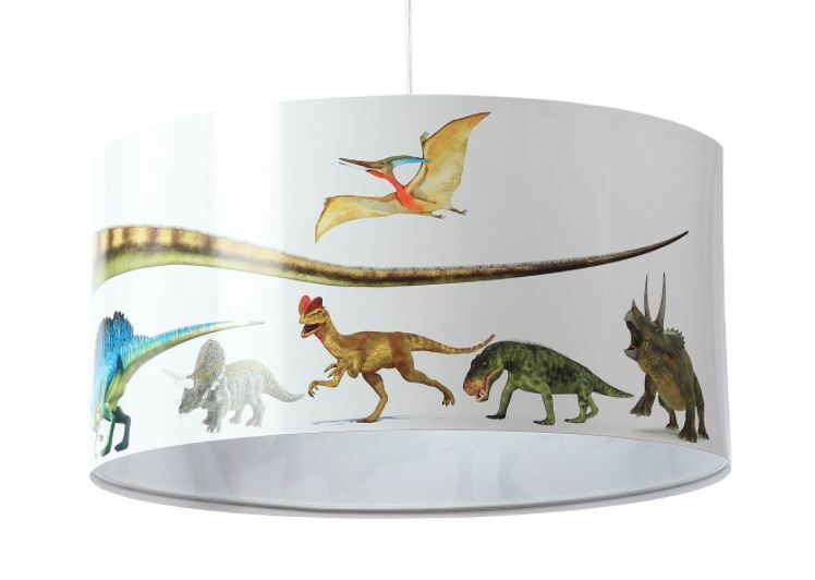 Candeeiro Suspenso DINO Diplodoco Luminária branca pendente com estampas de dinossauros coloridos.