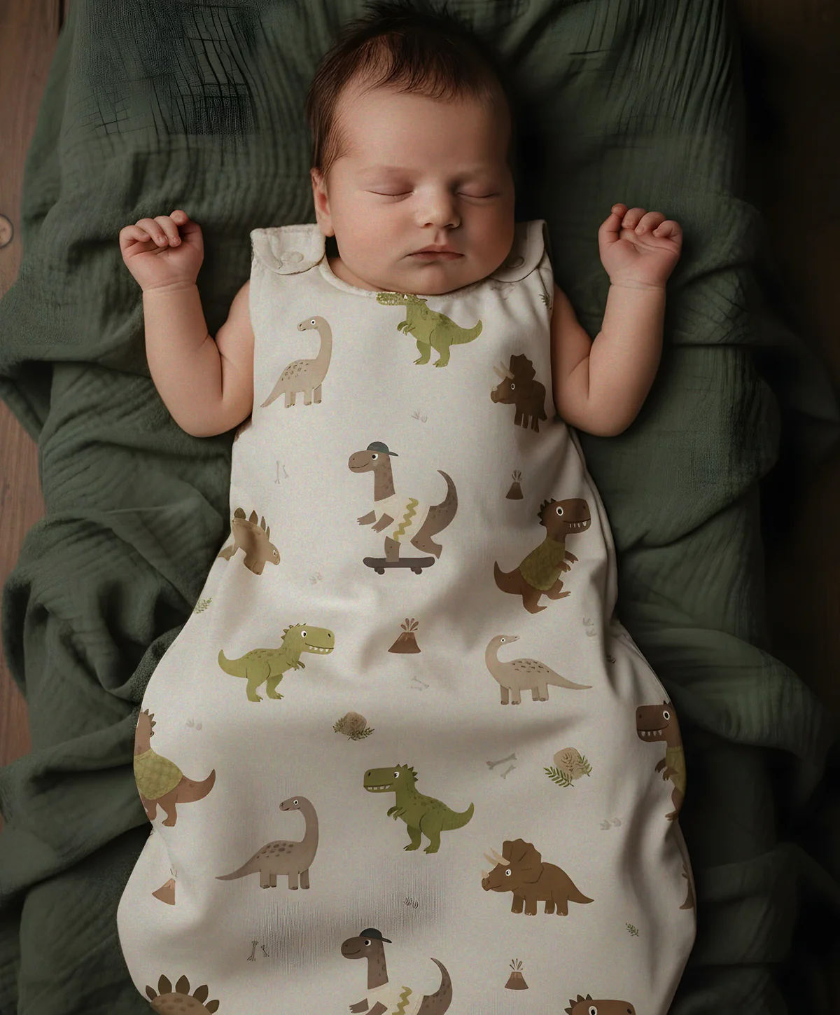 Saco de Dormir para Bebé - Dino Bebé dormindo com saco de dormir creme estampado com dinossauros coloridos