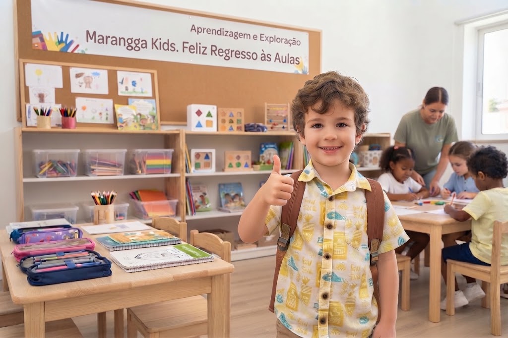 Criança em sala de aula sorridente com polegar para cima e materiais escolares organizados