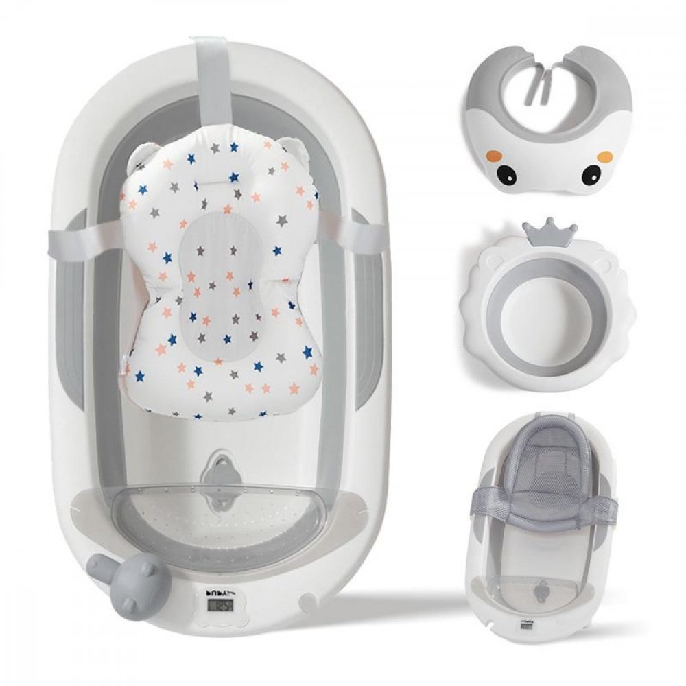 Banheira Dobrável de Silicone para Bebé - Kit 7 Peças Banheira de bebé branca e cinza com suportes acolchoados e acessórios de banho em fundo branco