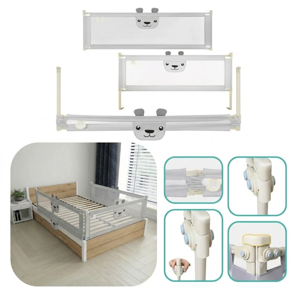Grade de Proteção para Cama Infantil Ursinho Grade de cama infantil cinza com detalhes de urso instalada numa cama de madeira