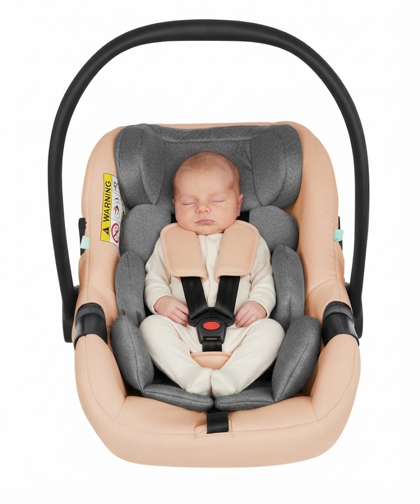Cadeiras Tiesto R129 ISOFIX Cadeira auto para bebé cinza e bege com bebé adormecido sentado.