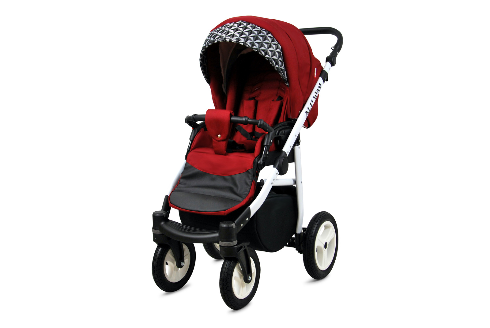 Carrinho de Bebé Alu Way Vermelho Ótico 2 em 1 Carrinho de bebé vermelho com capota padrão geométrico preto e branco e estrutura branca.