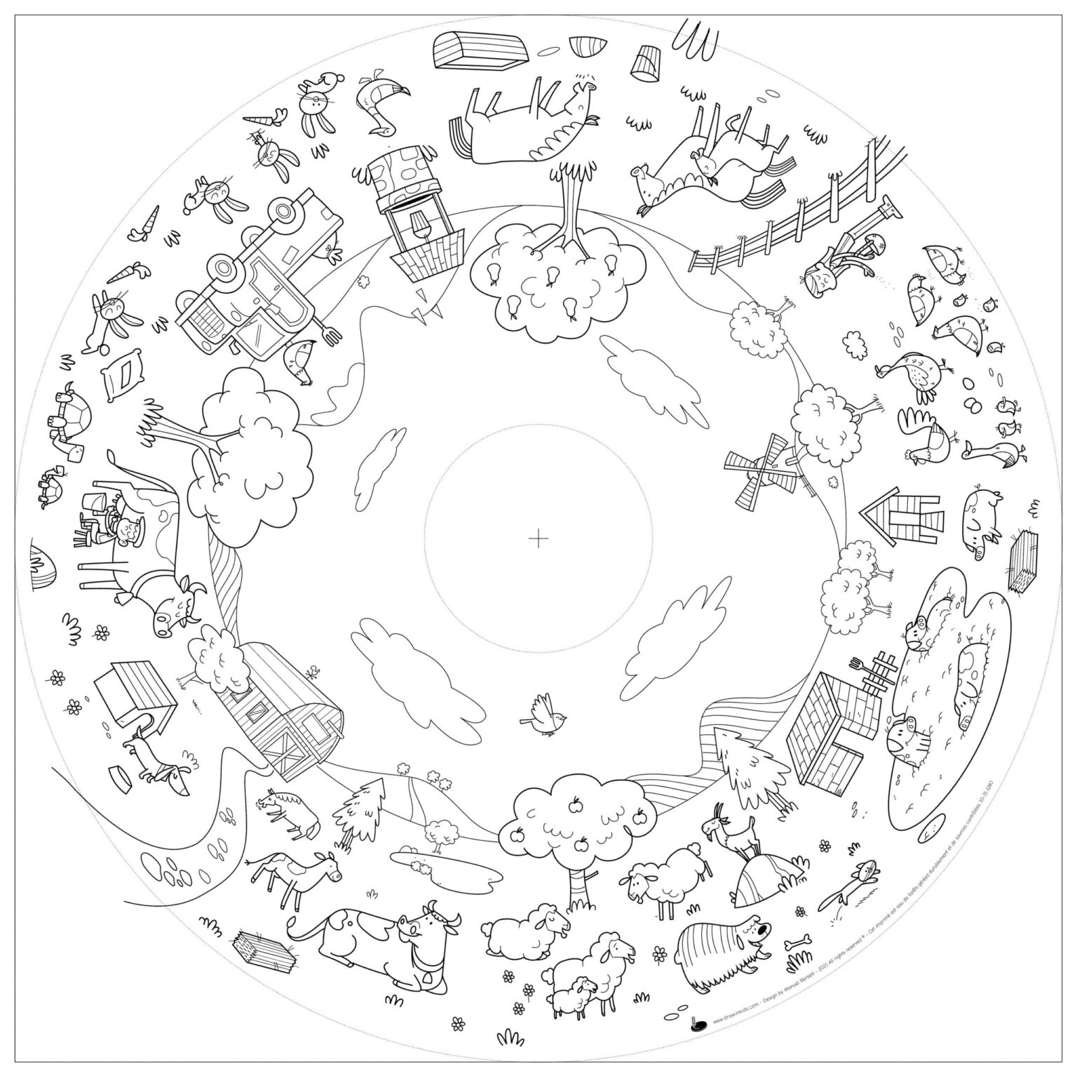 Recarga de Folhas para Colorir - Explorar o Mundo Desenho circular a preto e branco com elementos de quinta e animais