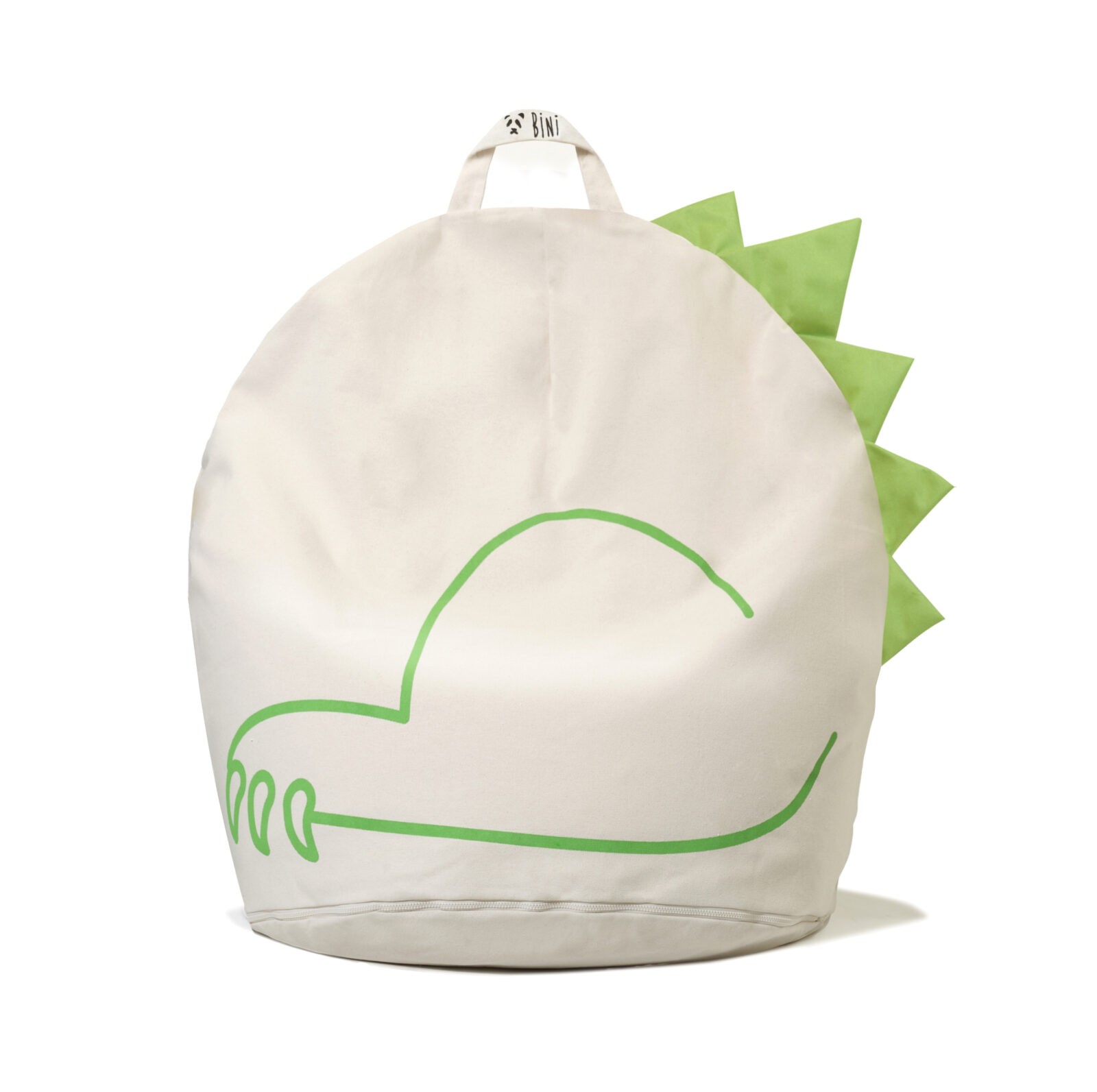 Pufe Bini Grande CROCODILO mochila bege com detalhes verdes e alça branca com texto preto