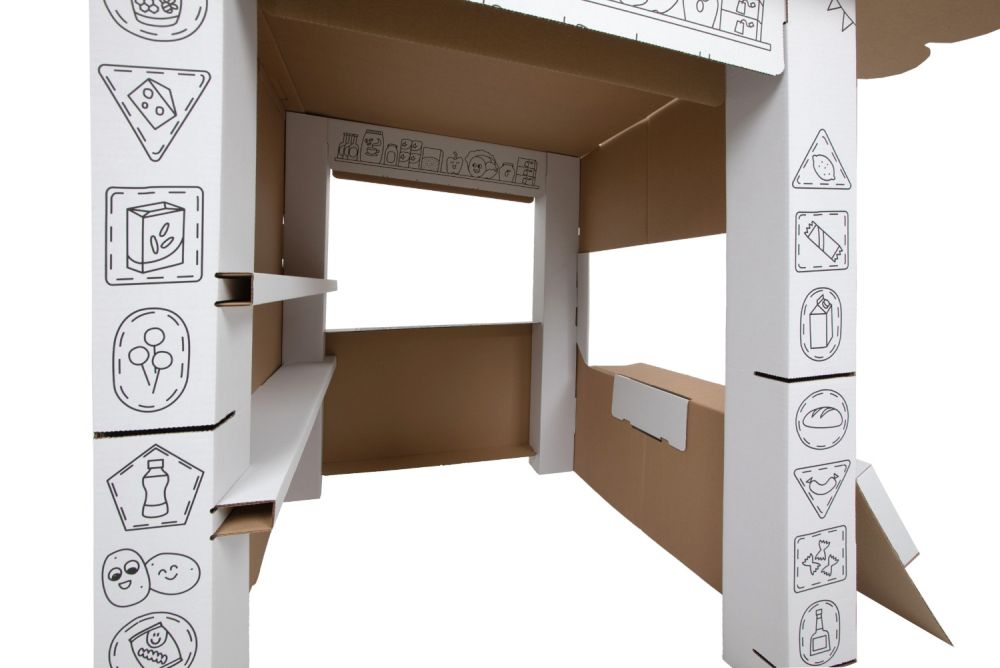 Minimercado para Colorir Estrutura de cartão com prateleiras e ícones de alimentos desenhados a preto.