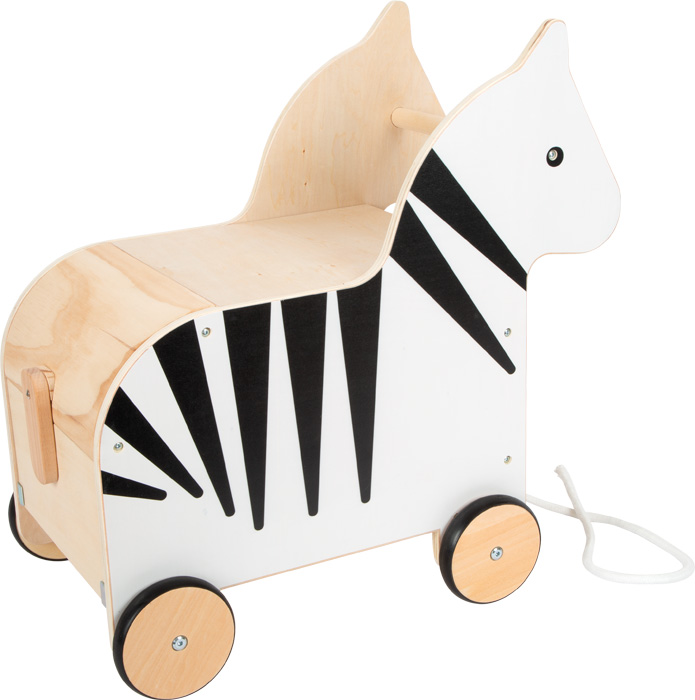 Carrinho infantil de madeira em forma de zebra com rodas e corda para puxar