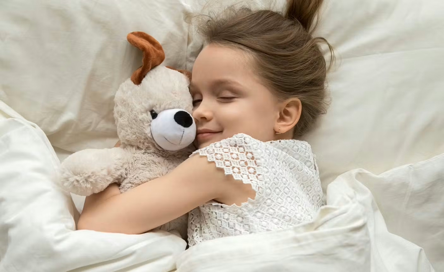 Criança deitada abraçando peluche de cão