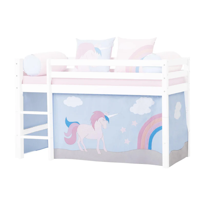 Cortina de Cama Eco Dream – Unicórnio Cama infantil branca com tenda azul decorada com unicórnio, nuvens e arco-íris