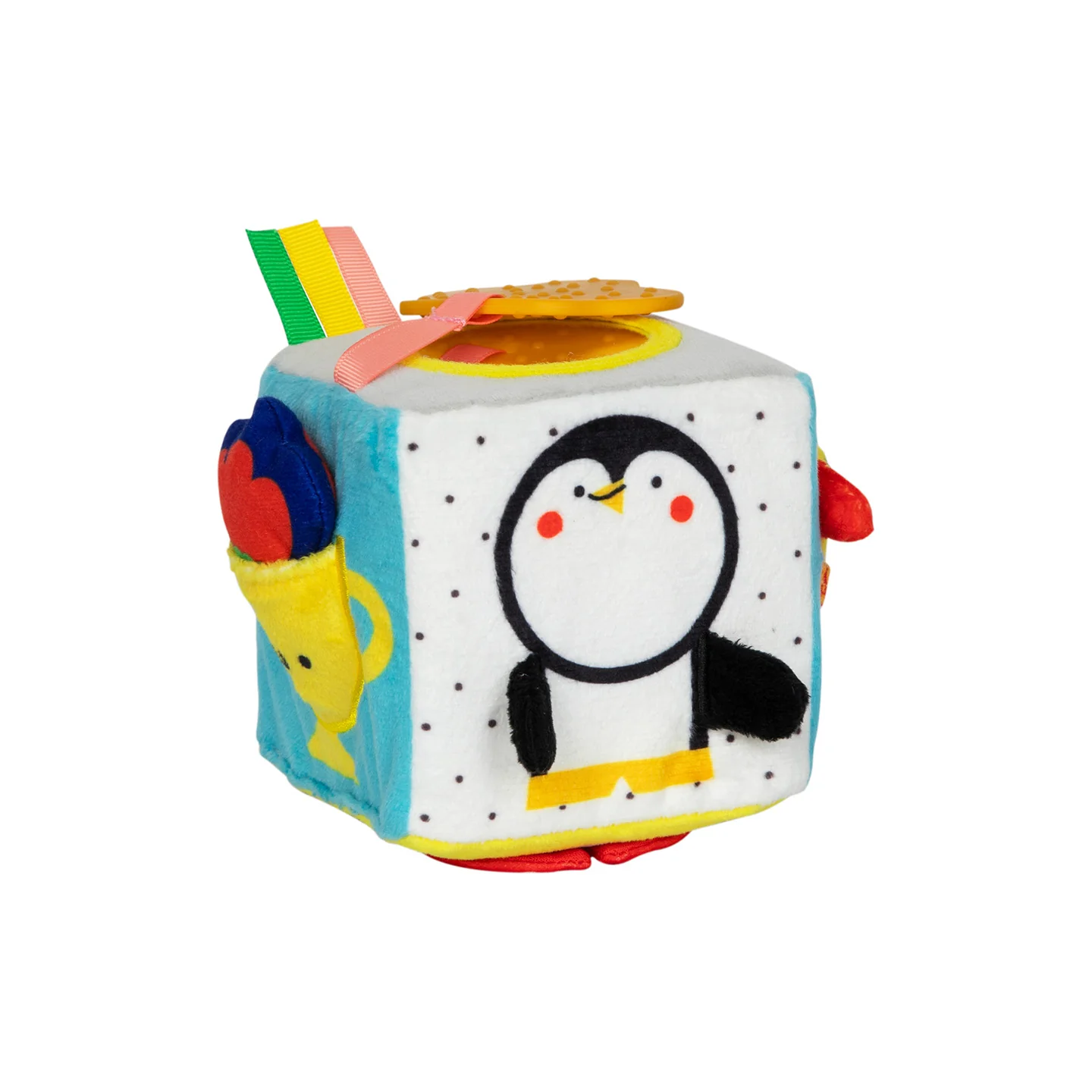 Caixa Sensorial Montessori - 6 a 12 meses Brinquedo macio em forma de cubo com desenho de pinguim e fitas coloridas