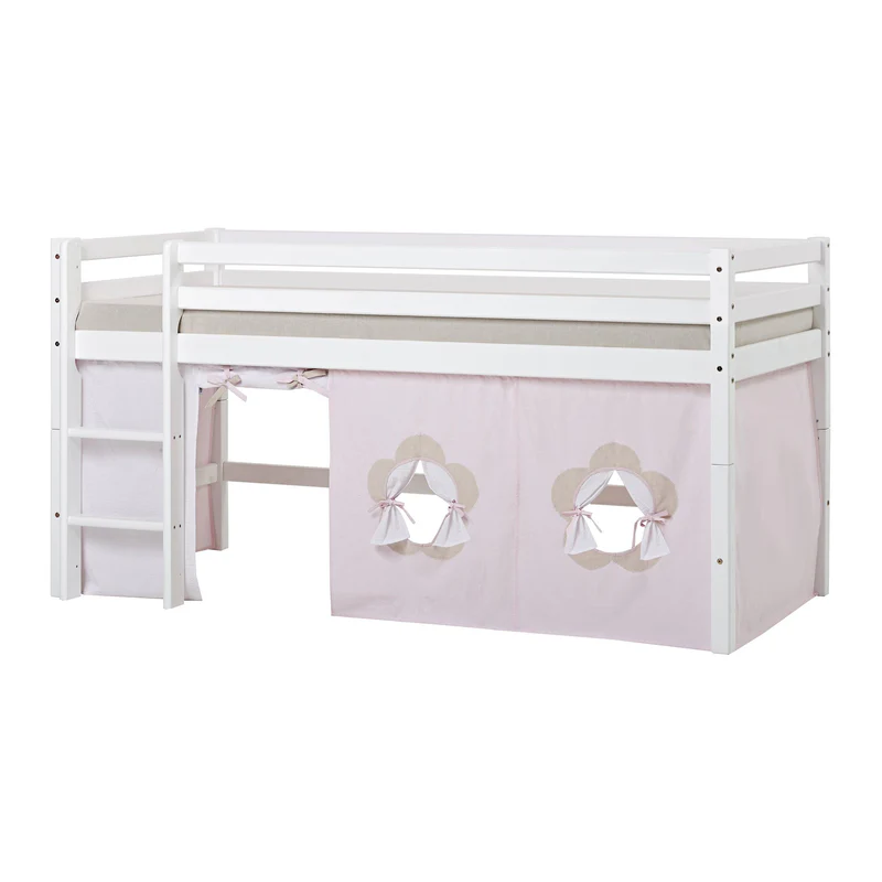 Cortina de Cama Eco Dream – Conto de Fadas Floral Cama infantil alta branca com cortinas rosa claro e janelas redondas decoradas