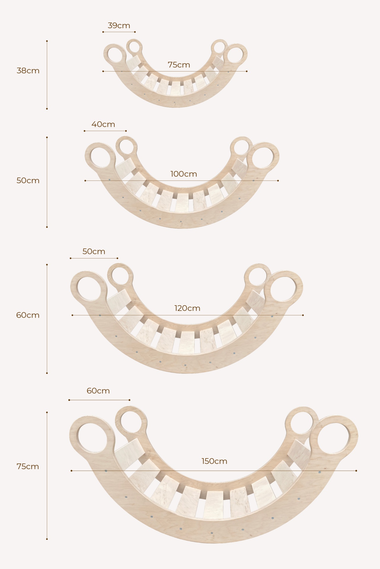 Balanço de Madeira MONTESSORI Pranchas de madeira curvas para equilíbrio com alças e degraus brancos e medidas em centímetros.