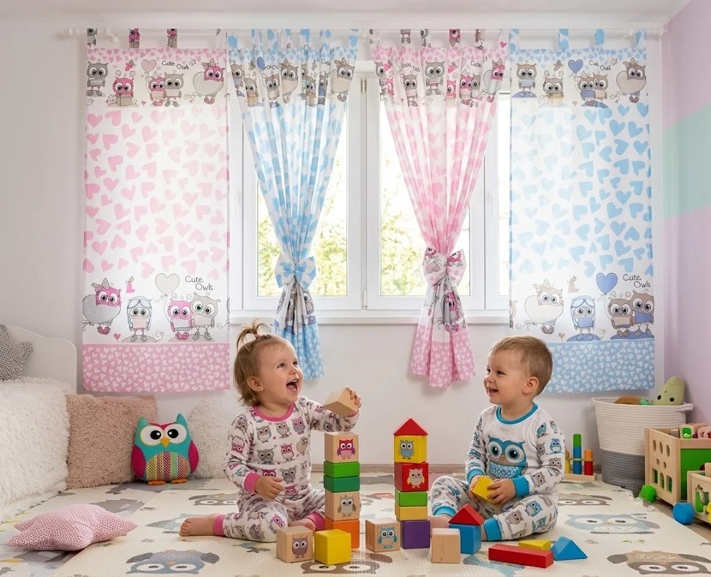 Cortinados Infantis Corujinhas Cortinas rosa e azul com corujas em quarto infantil com crianças a brincar com blocos coloridos