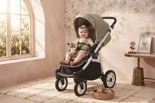 Carrinho de Bebé 2 em 1 com Alcofa Alu Way – Caqui Carrinho de bebé verde com bebé sentado em ambiente decorado com parede floral e tapete bege
