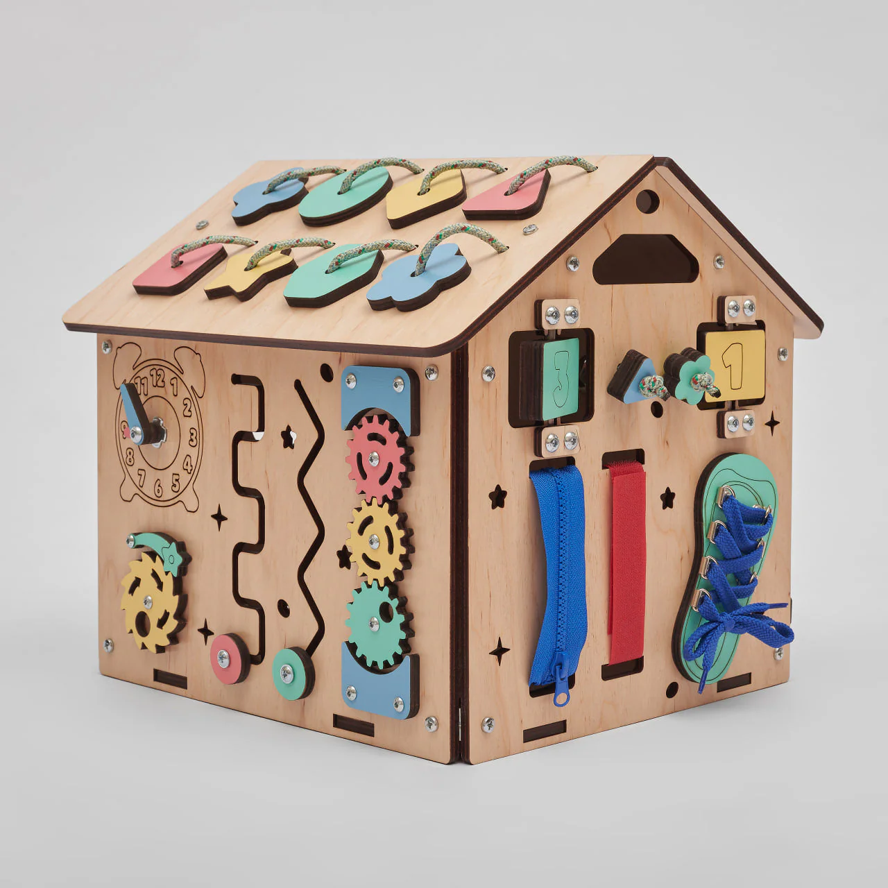 Mini Casa Educacional de Madeira – Método Montessori Casa de madeira com números, engrenagens, relógio e atividades para crianças.
