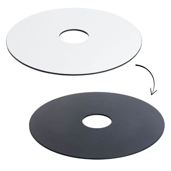 Base de Mesa para Desenhar Dupla Face Duas bases circulares, branca e preta, com orifício central, sobre fundo branco