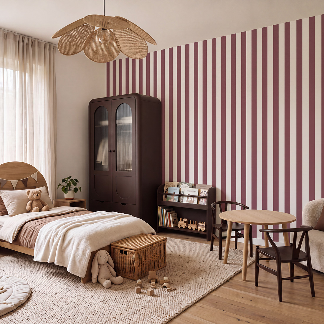 Papel de Parede Infantil às Listas Finas Quarto infantil com cama de madeira, armário castanho, tapete bege e papel de parede listrado castanho e branco