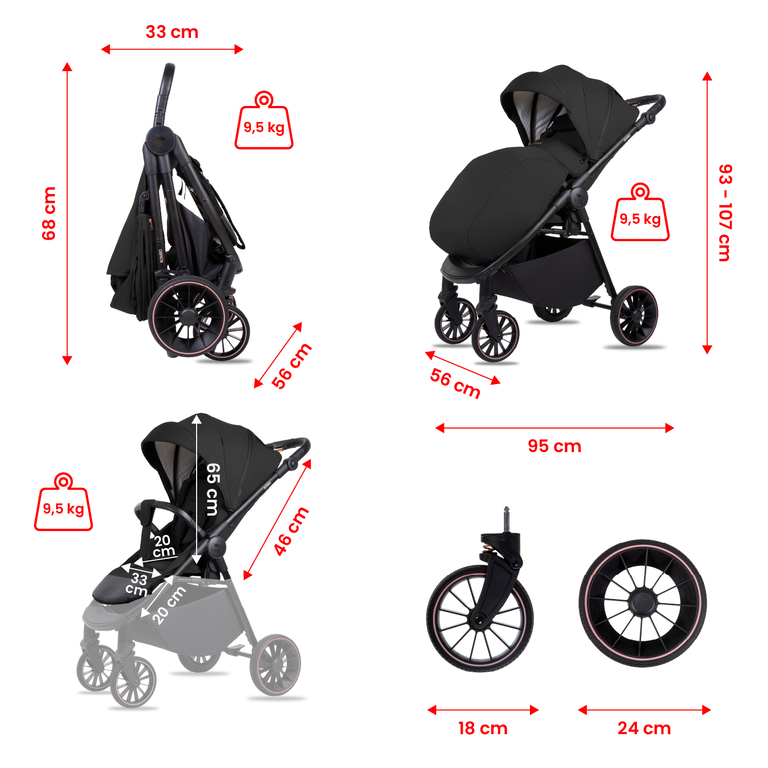 Carrinho de Bebé ROMBO Onyx Carrinho de bebé preto com capota e rodas