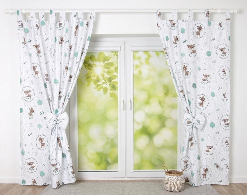 Cortinados Infantis Veadinho da Floresta Cortinas brancas com padrão de animais e bolas verdes junto a porta de vidro dupla com vista verde desfocada