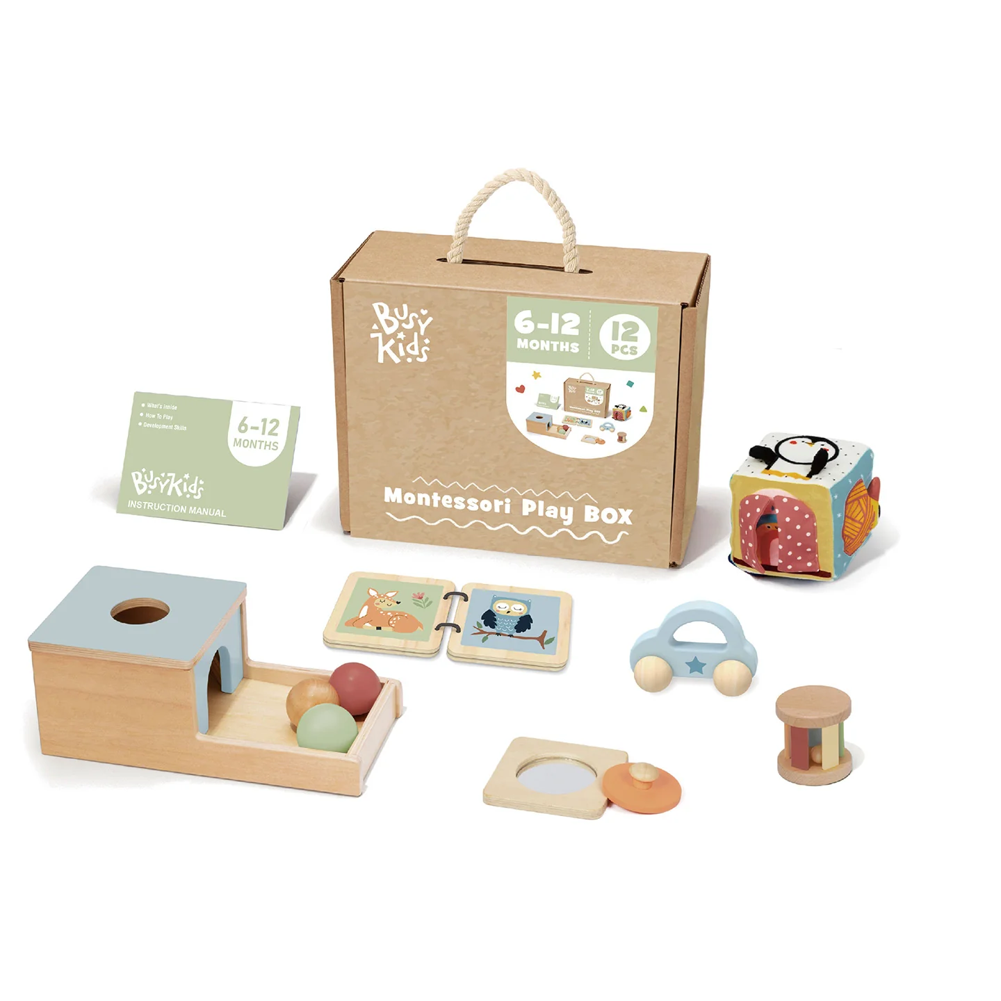 Caixa Sensorial Montessori - 6 a 12 meses Conjunto Montessori Play Box com caixa de cartão, manual de instruções, brinquedos de madeira e joint toy tecido colorido.