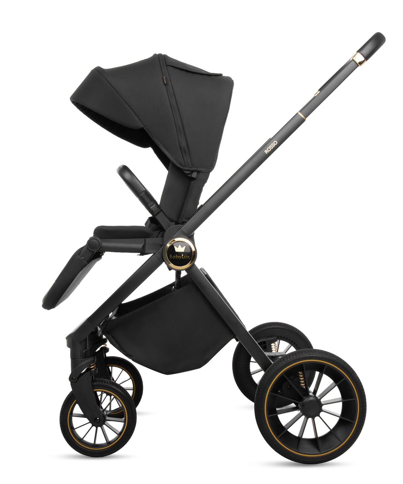 Carrinho de Bebé 2 em 1 Rosso Carrinho de bebé preto com detalhes dourados e logo BabyLux
