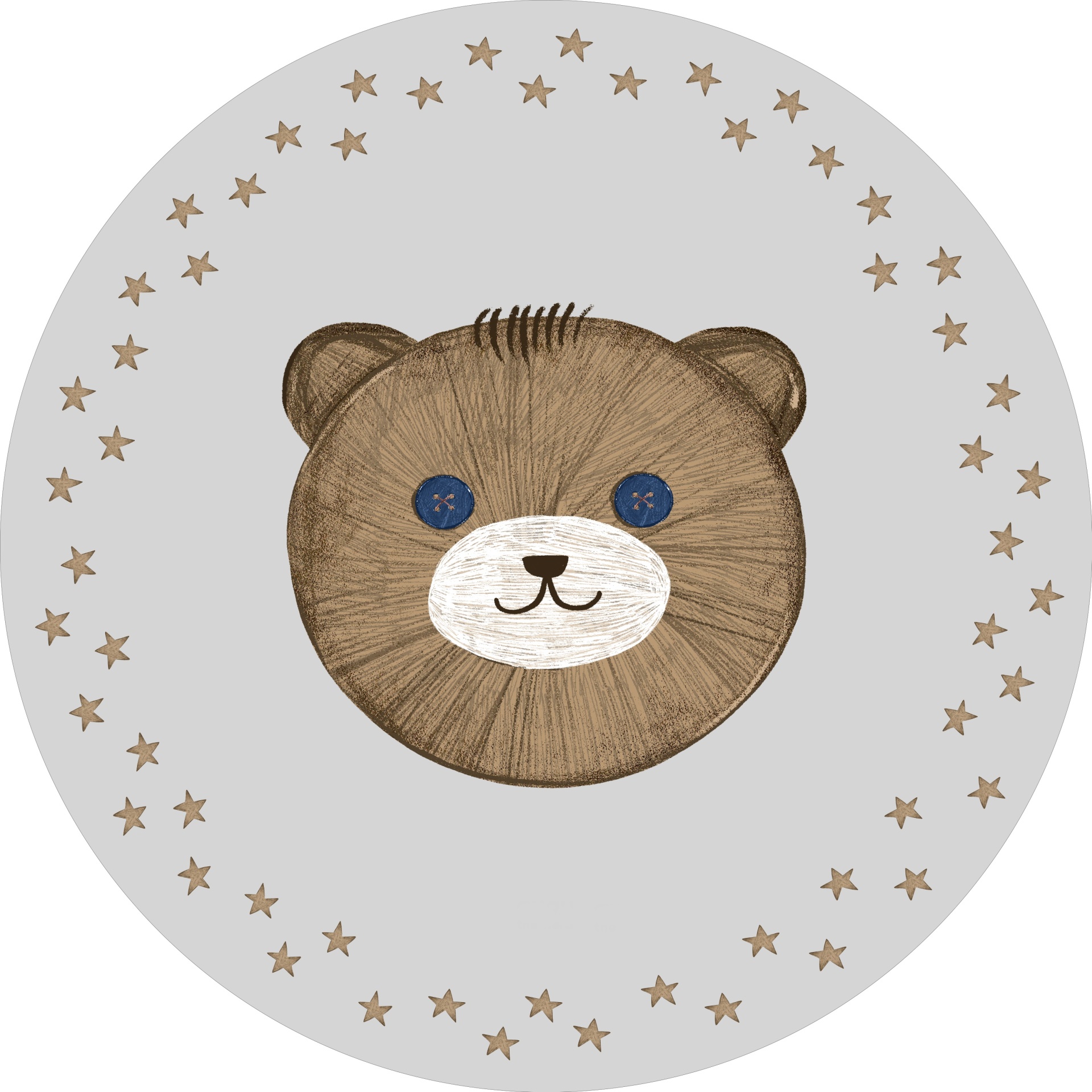 Tapete Redondo Borracha Natural URSO TEDDY Desenho de um ursinho castanho com olhos de botão azul num fundo cinzento claro com estrelas à volta