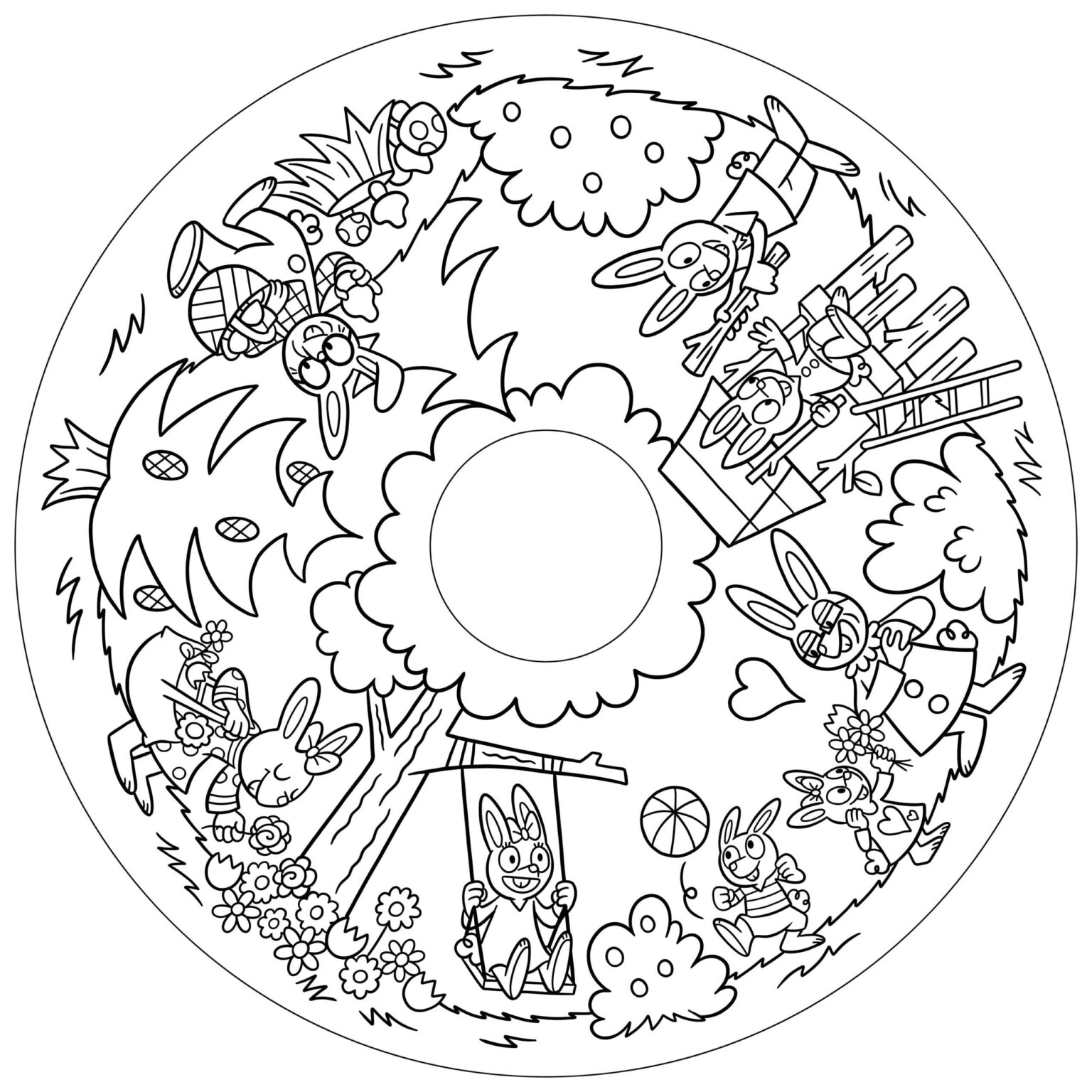 Recarga de Folhas para Colorir - Coelhinhos Desenho para colorir de coelhos a brincar num parque circular