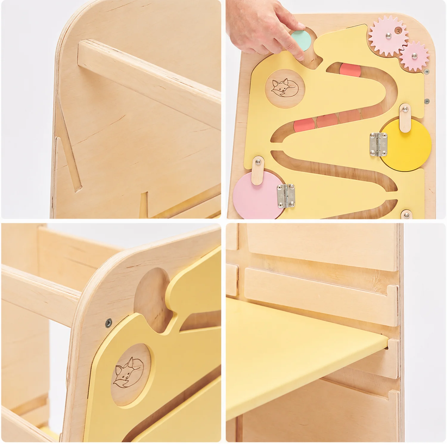 Torre de Aprendizagem Multifuncional 5 em 1 Móvel infantil de madeira com painel amarelo, engrenagens rosa e desenho de raposa