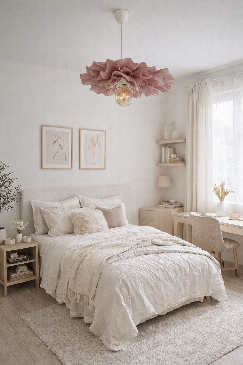 Candeeiro de Teto Flor em Rosa Quarto decorado com cama branca, candeeiro de teto rosa e móveis claros num ambiente luminoso