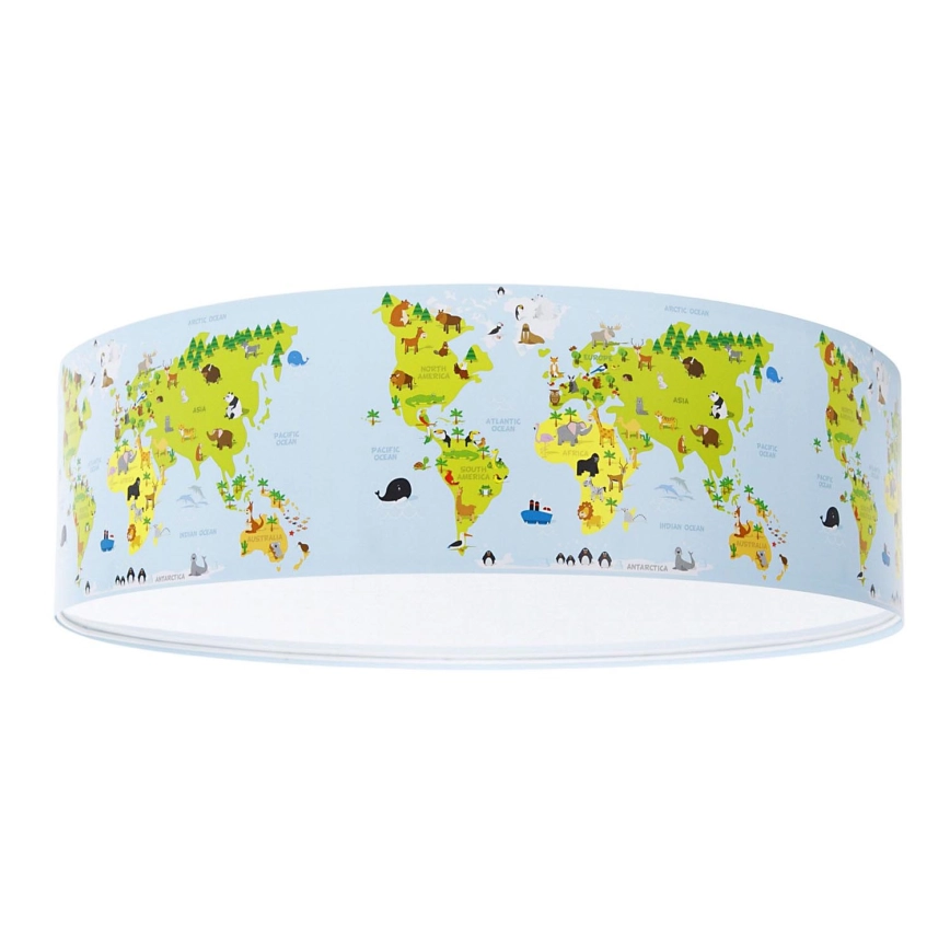 Candeeiro Plafon Mapa Mundo – Sweet Dreams para Quarto Infantil Candeeiro de teto com mapa mundi infantil colorido e ilustrações de animais.