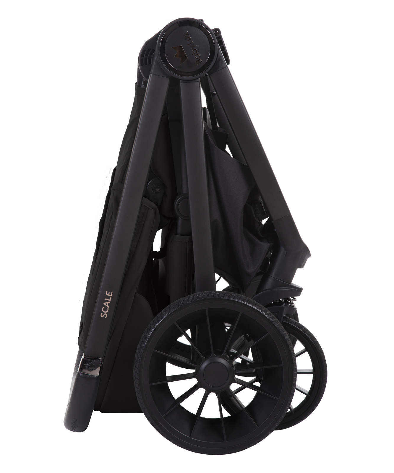 Carrinho de Bebé Scale Onyx Carrinho de bebé preto dobrado com texto BabyLux e SCALE