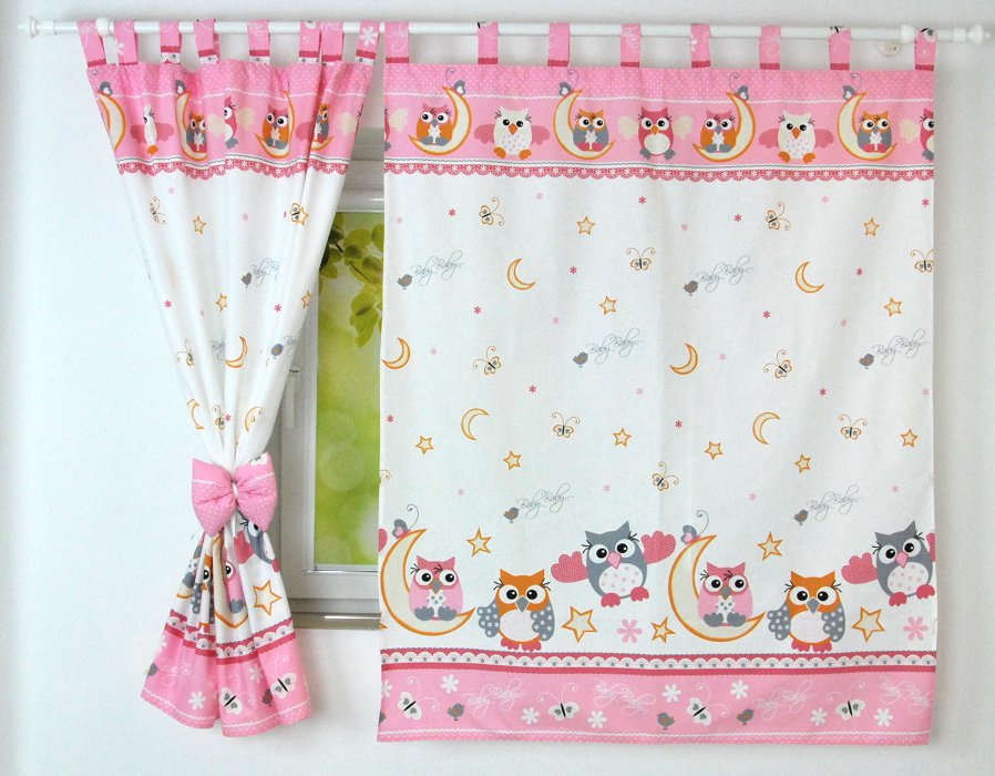 Cortinados Infantis Corujas Cortina infantil branca e rosa com corujas coloridas