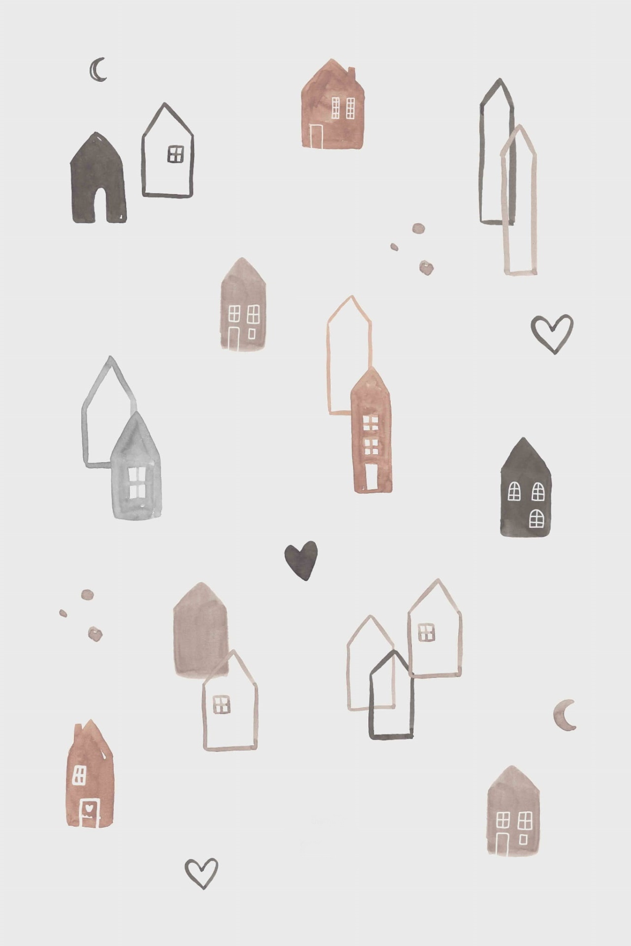 Tapete Retangular Ecológico CIDADE ESCANDINAVA Padrão decorativo com casas estilizadas, corações e luas em cores neutras sobre fundo branco.
