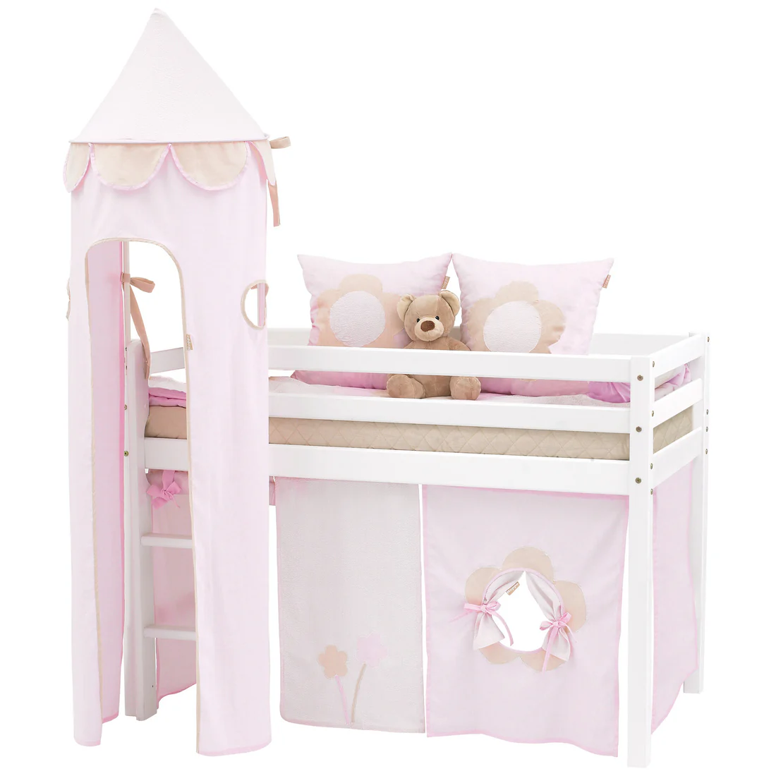 Torre Decorativa Conto de Fadas Floral Cama infantil branca com tenda rosa e almofadas decorativas com flor