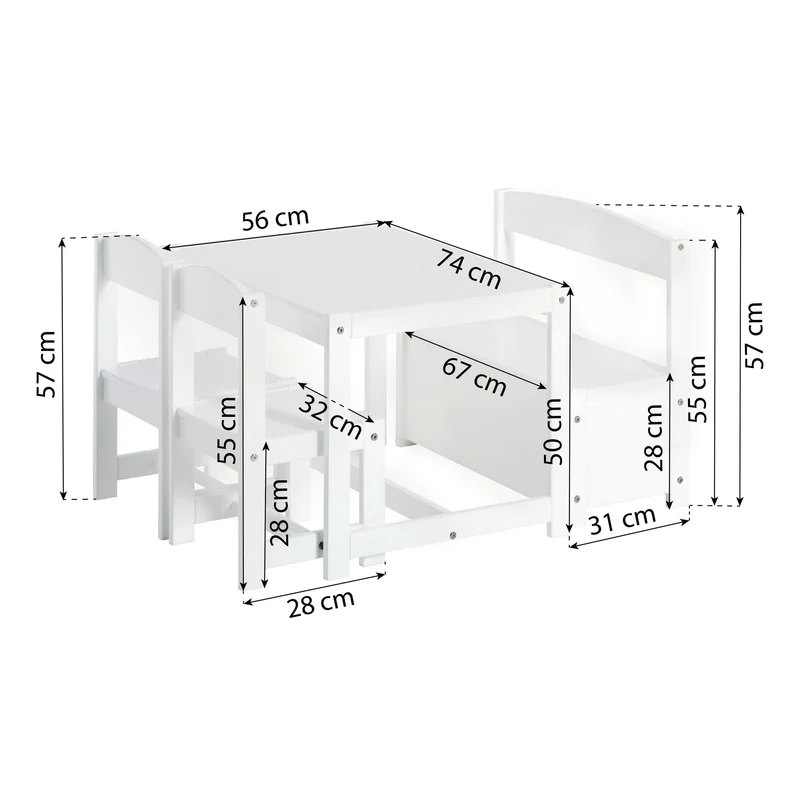Conjunto Infantil MATILDE – Mesa, Cadeiras e Banco com Arrumação Mesa e duas cadeiras infantis brancas com dimensões em centímetros indicadas