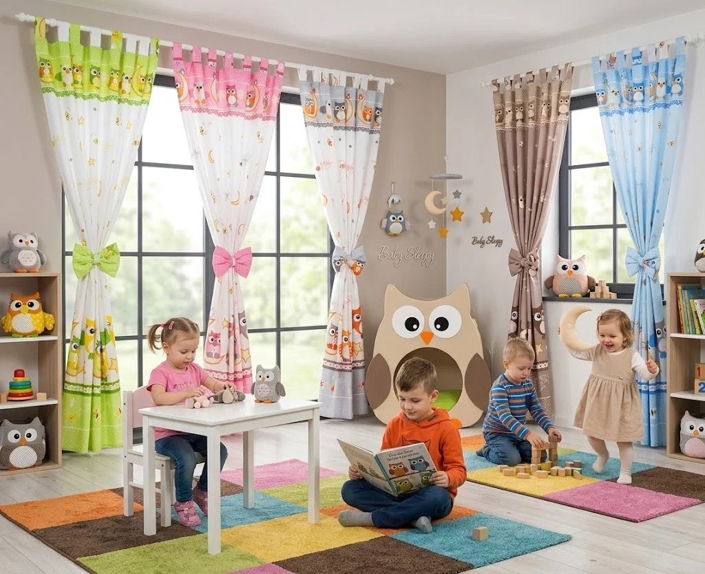 Cortinados Infantis Corujas Cortinas infantis coloridas com padrão de corujas em quarto de crianças com brinquedos e tapetes coloridos