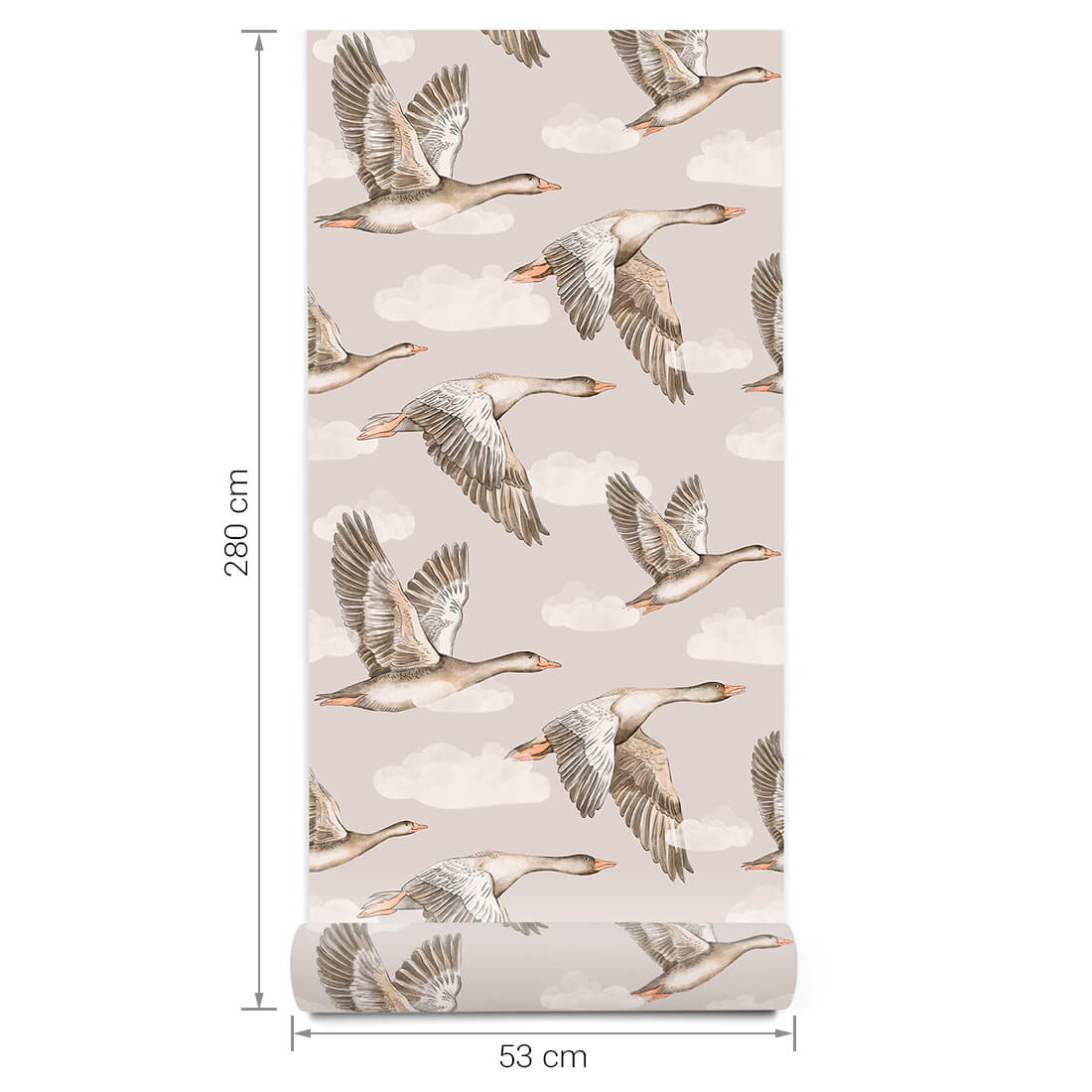 Papel de Parede Infantil Gansos Bege Papel de parede com gansos voando em padrão sobre fundo bege