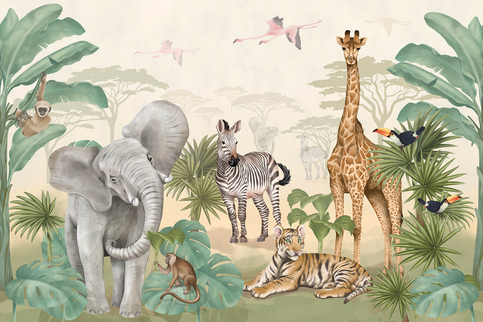Papel de Parede Animais SAFARI Ilustração de animais selvagens numa selva com plantas verdes e fundo claro