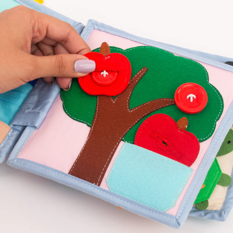 Arco Íris - Mini Livro Sensorial de 6 Páginas Livro de tecido com atividades e maçãs com botões em árvore