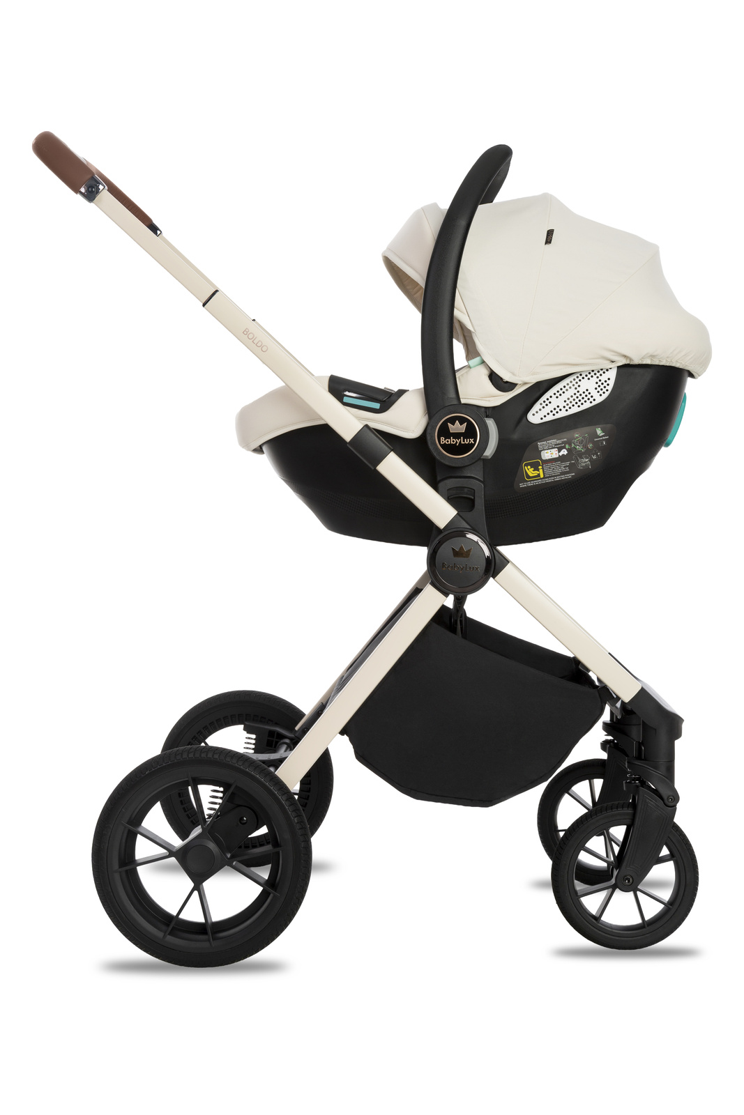 Cadeiras Tiesto R129 ISOFIX Carrinho de bebé bege e creme com assento grupo 0 preto e detalhes castanhos