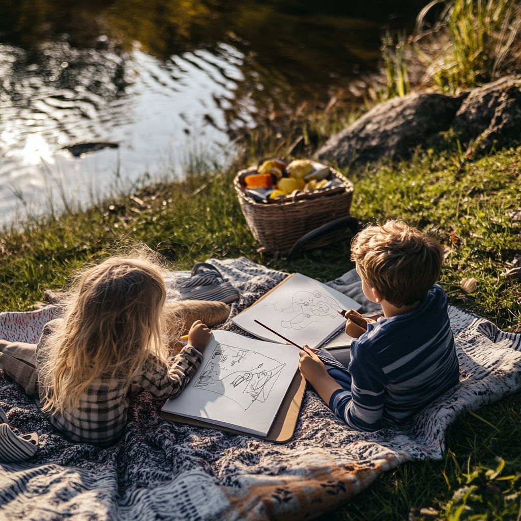 Crianças a desenhar numa manta junto a um rio com uma cesta de frutas.