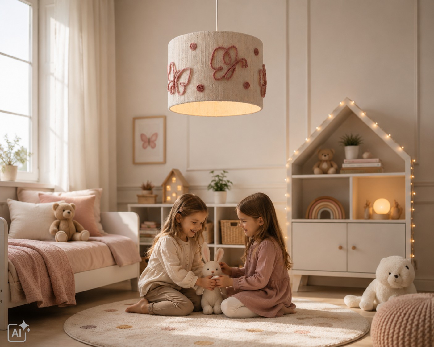 Abajur de Teto Infantil Borboletas Lustre redondo decorado com borboletas cor-de-rosa suspenso numa sala de crianças com decoração suave.